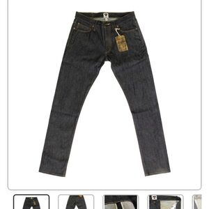 Tellason Men's Skinny Jeans in Dark Indigo with Brown Stitching